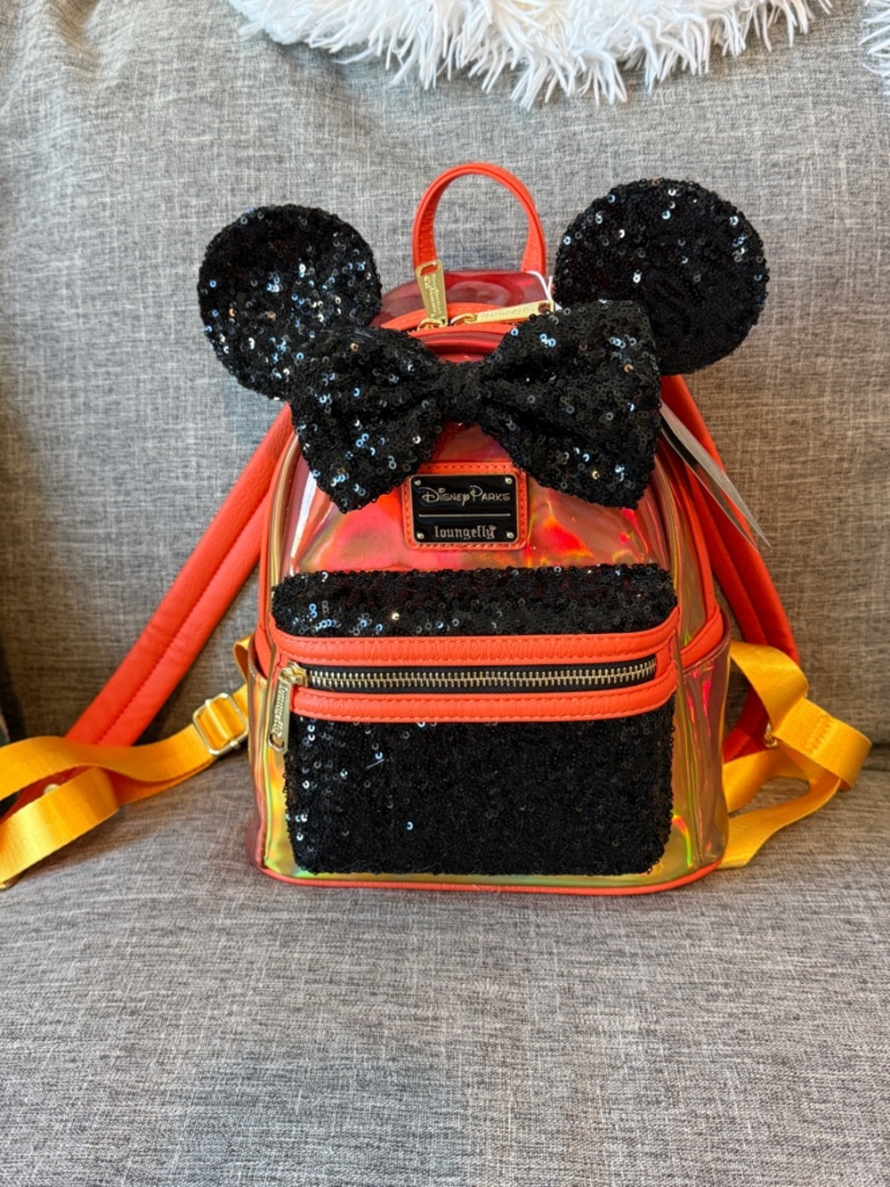 Disney Iridescent Orange Mini Backpack with Black Sequin Ears and Bow